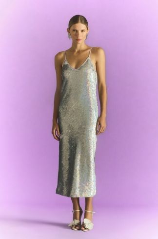 Vestido Midi Alças Paetê Florea Celebration Petúnia Prata