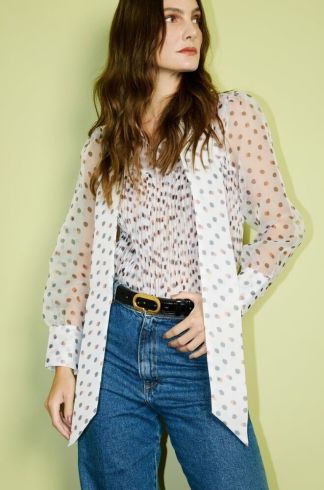 Blusa Camisa Plissada Casulo Joaninha Poá Branco